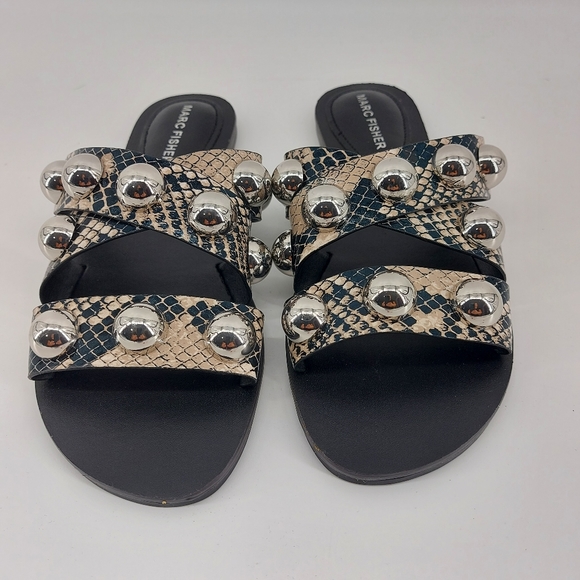 Marc Fisher Bryte 2 Studded Flat Sandals aside 5 Black and Tan Faux Snake Skin - Picture 4 of 6